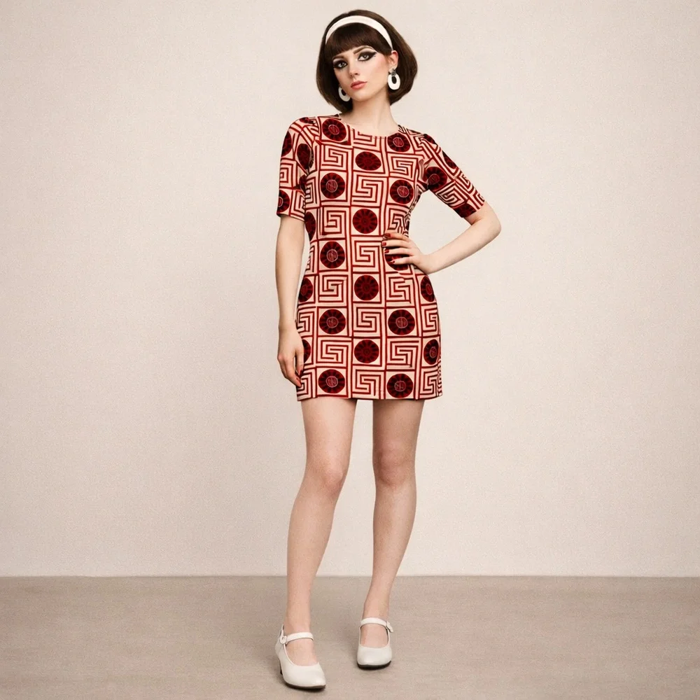Tracy Negoshian Mod Mini Dress XS Red Geometric Print Retro 60s Shift Style - Picture 1 of 8